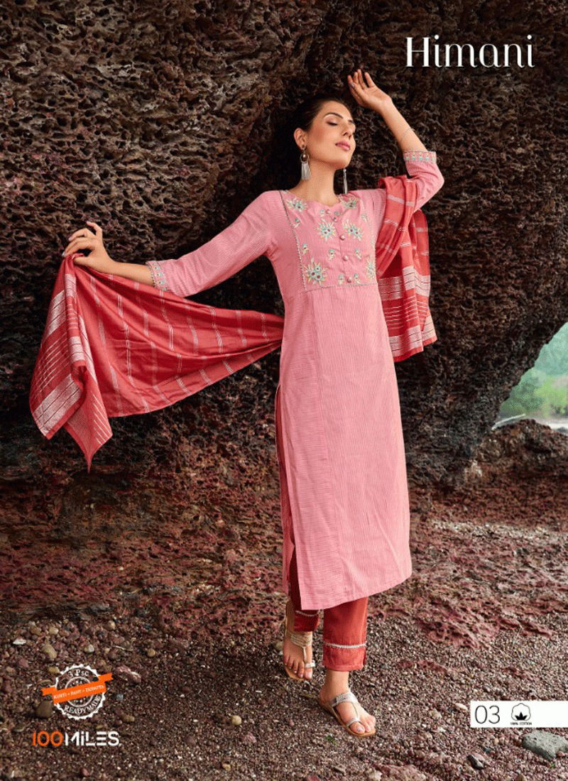 Himani By 100 Miles Cotton Embroidery Kurti With Bottom Dupatta Suppliers In India